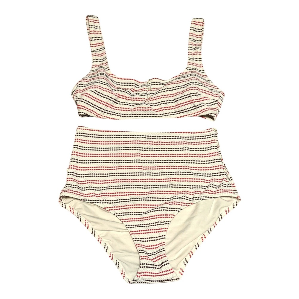 Aerie White, Red & Brown Pique Bikini, Scoop Top & High Waisted Bottoms, Medium
